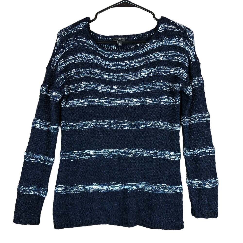 Talbots Womens Sweater Blue Striped Petite Crew Neck Long Sleeve Casual PS